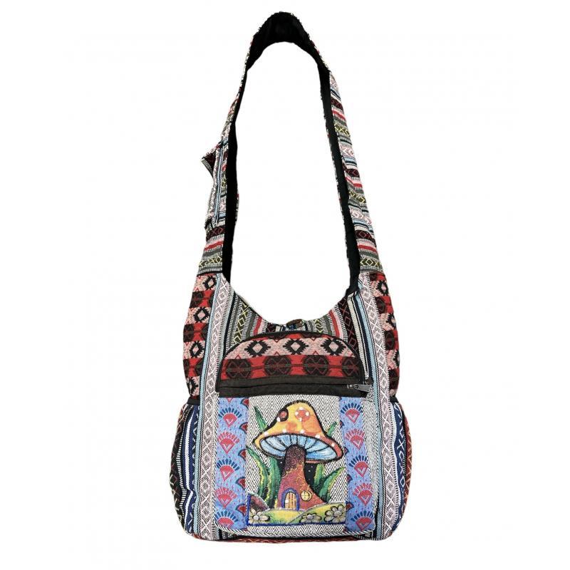 Cotton Multi Color Patch Zip Side Pocket King Mushroom Bag image