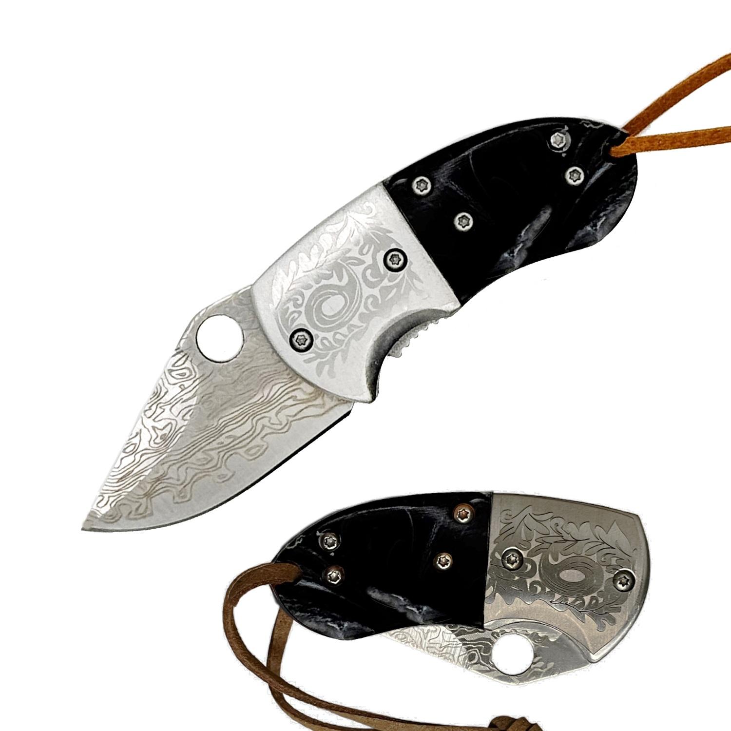 Black Pearl Handle Damascus Etched Mini Folding Chubby Pocket Knife image