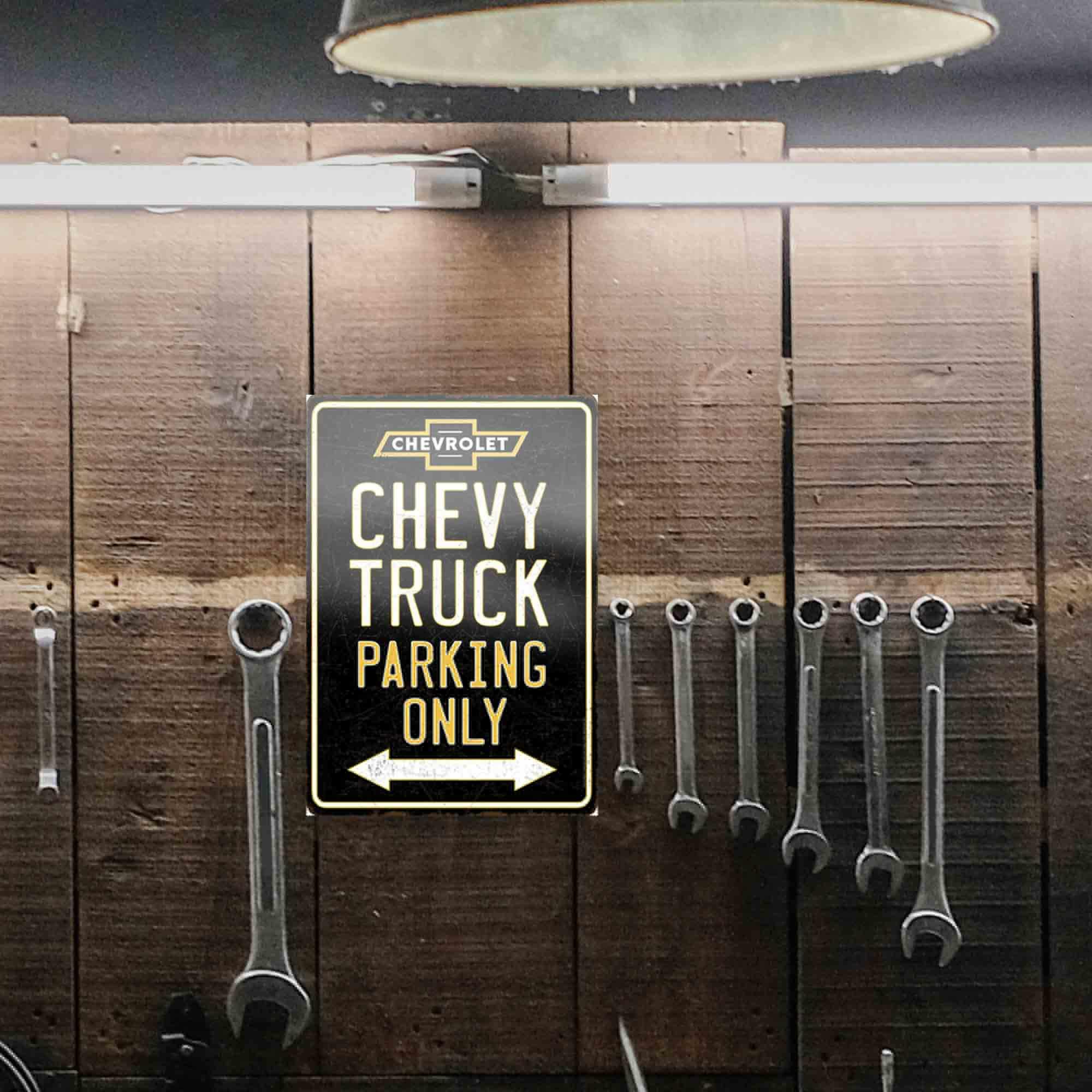 Chevy Truck Parking Only Embossed Tin Sign image