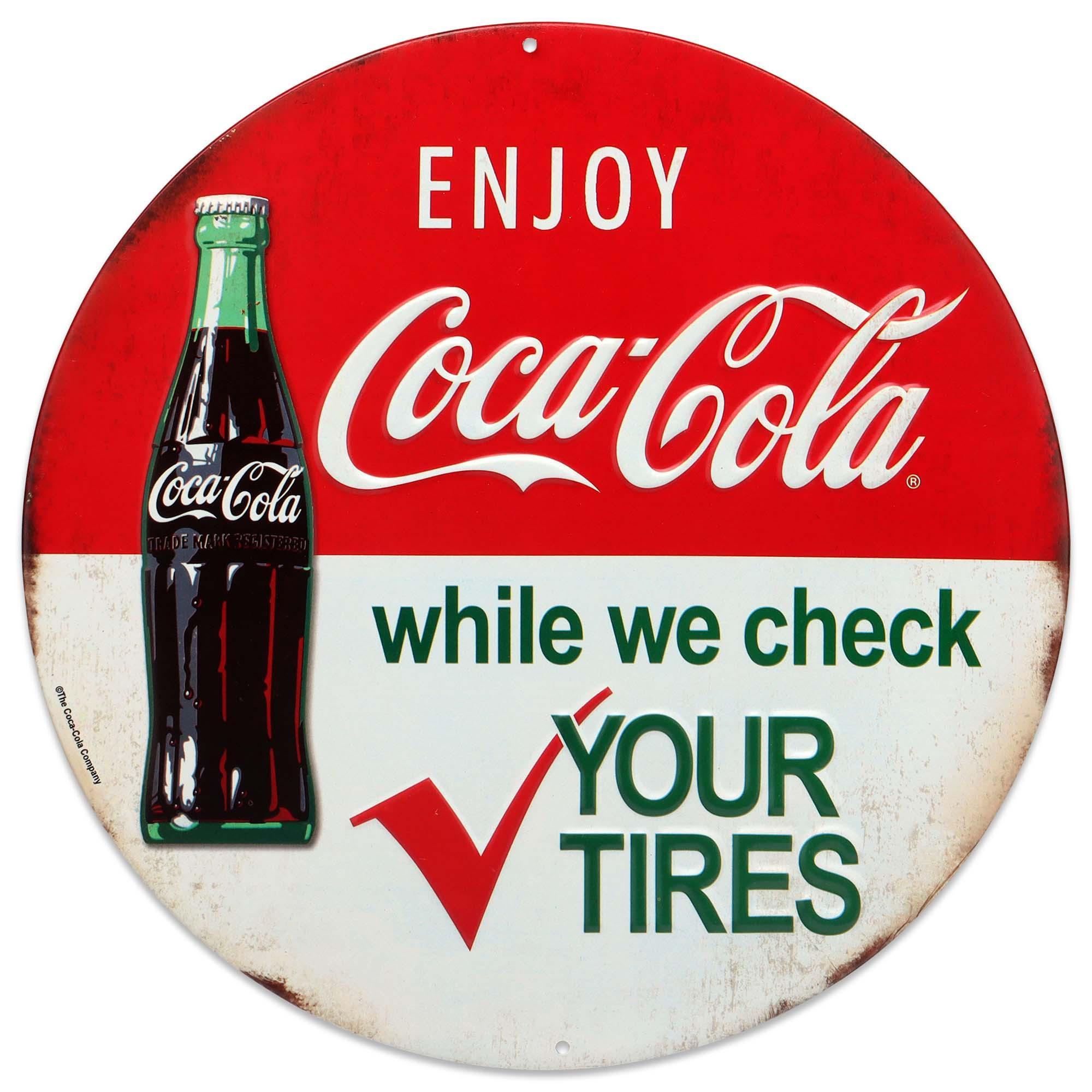 Coca-Cola & Tire Check Round Embossed Metal Sign image
