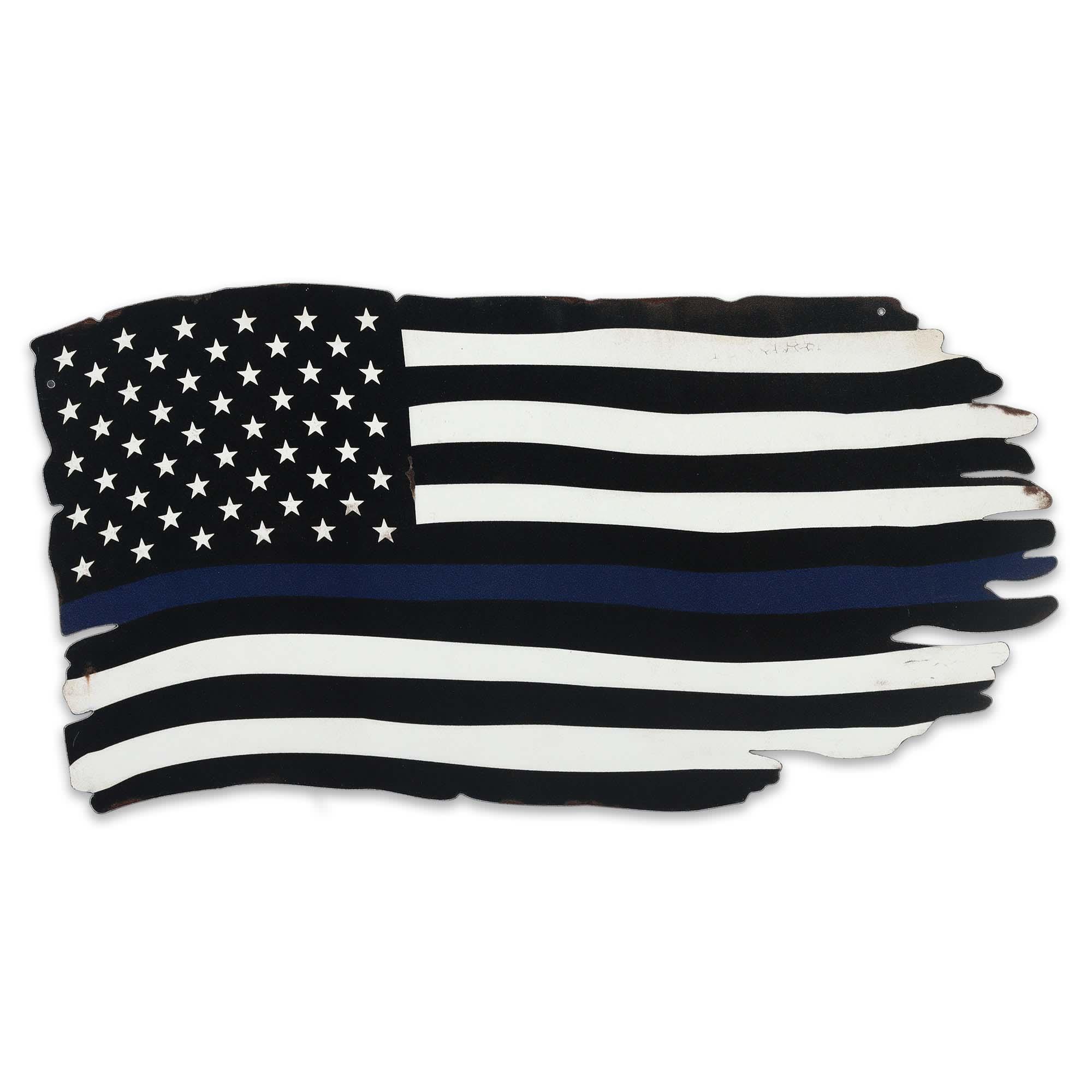 Blue Line American Flag Tattered & Waving Metal Sign image