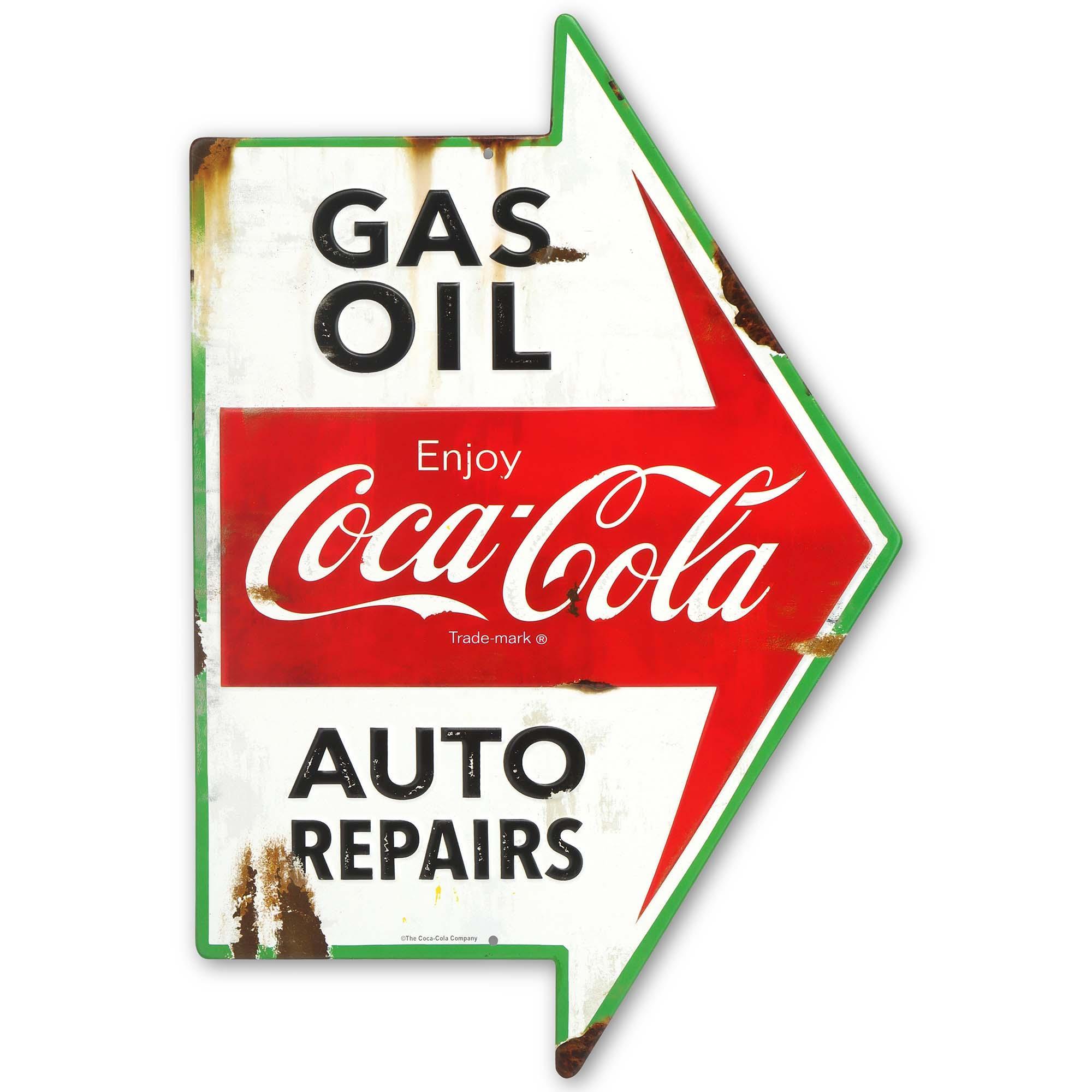 Coca-Cola Gas Oil Auto Repairs Rustic Arrow Metal Sign image