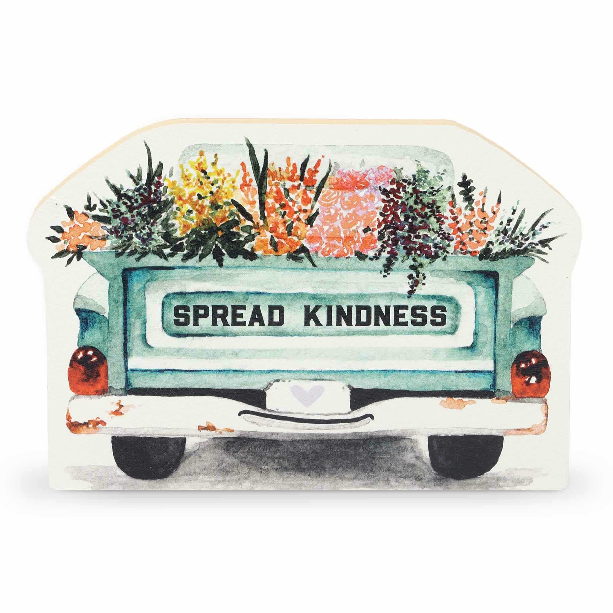Spread Kindness Truck Bed Full of Flowers Tabletop Wood Decor image