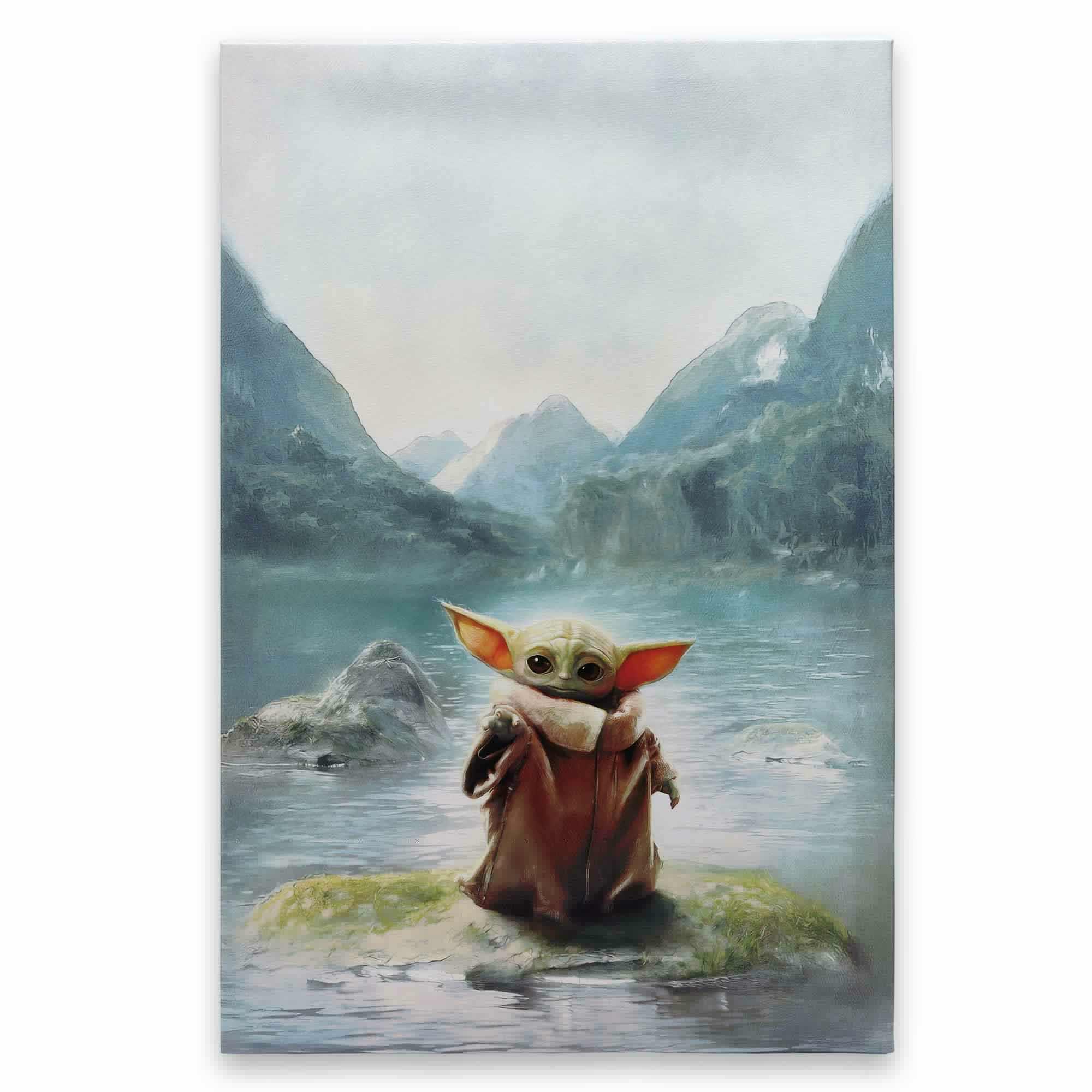 Star Wars The Mandalorian Grogu Mountain & Lake Scene Metallic Canvas Wall Decor image