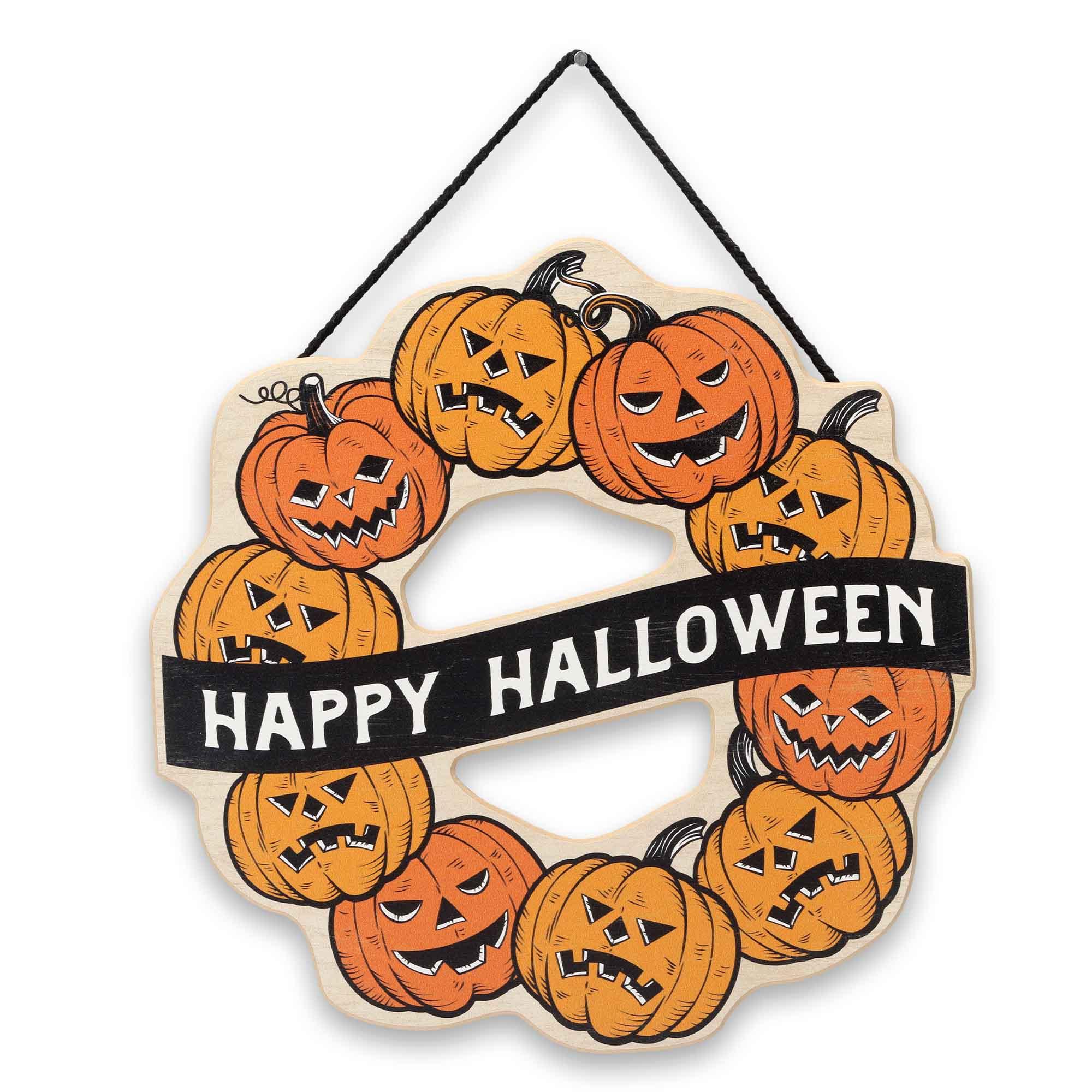 Happy Halloween Jack-O-Lantern Wreath Hanging Wood Wall Decor image