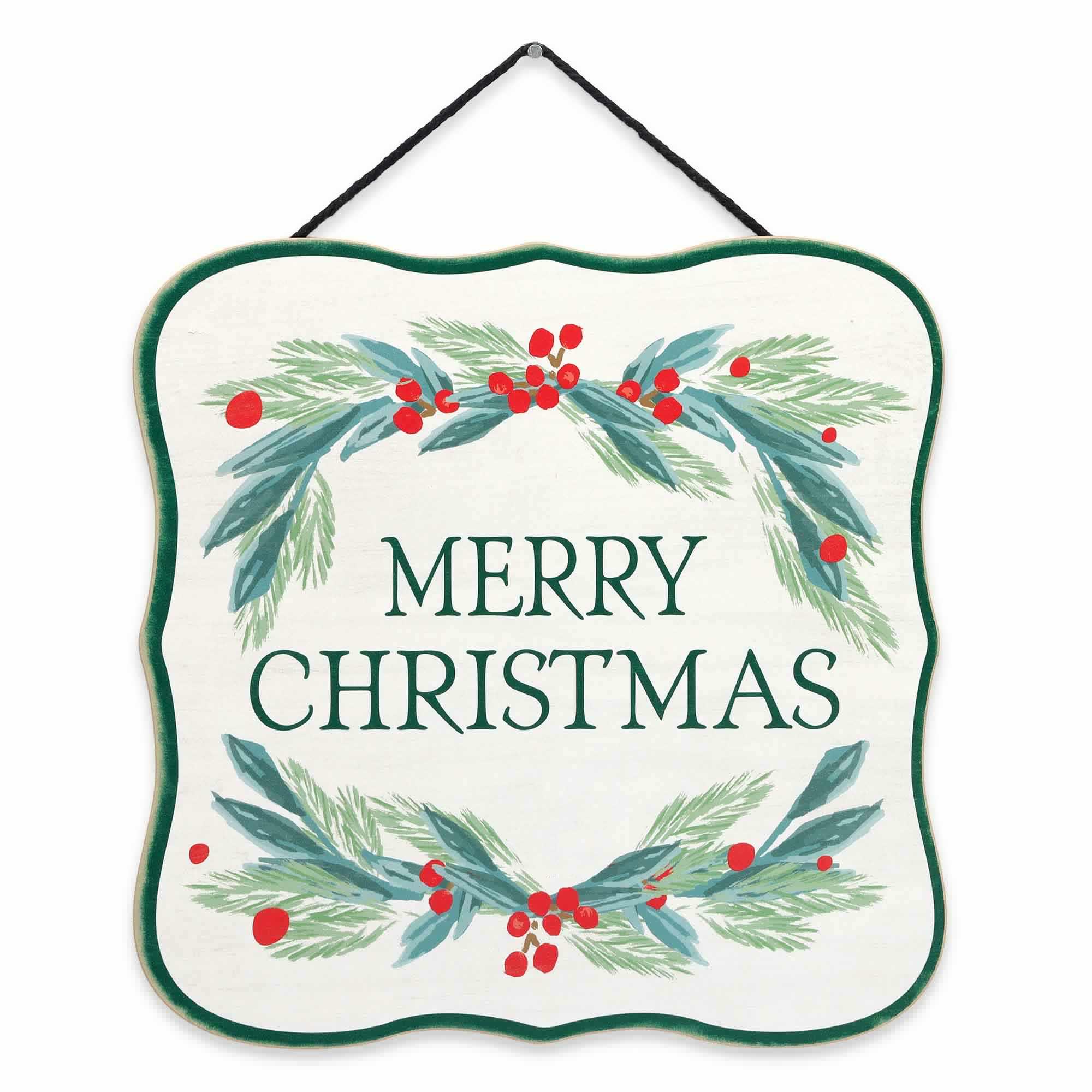 Merry Christmas Holly Wreath Hanging Wood Wall Decor image