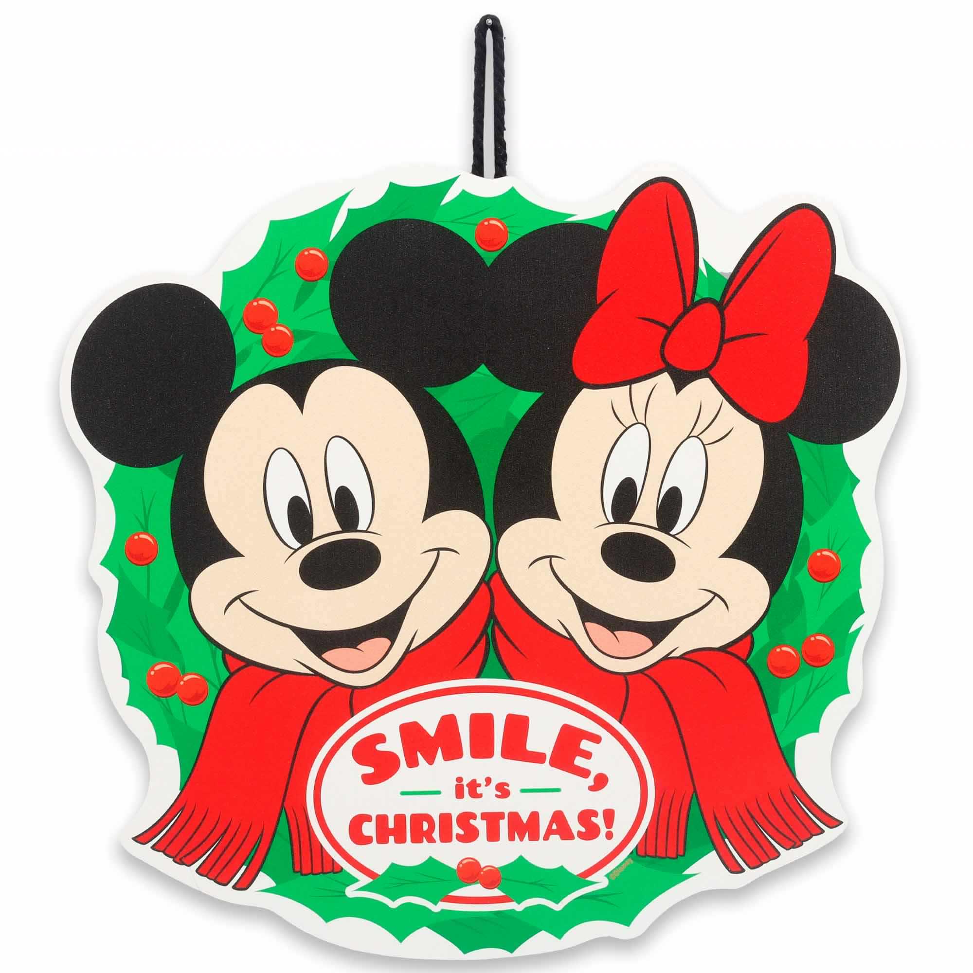 Disney Mickey & Minnie Mouse Wreath Smile It's Christmas Hanging Wood Wall Decor image
