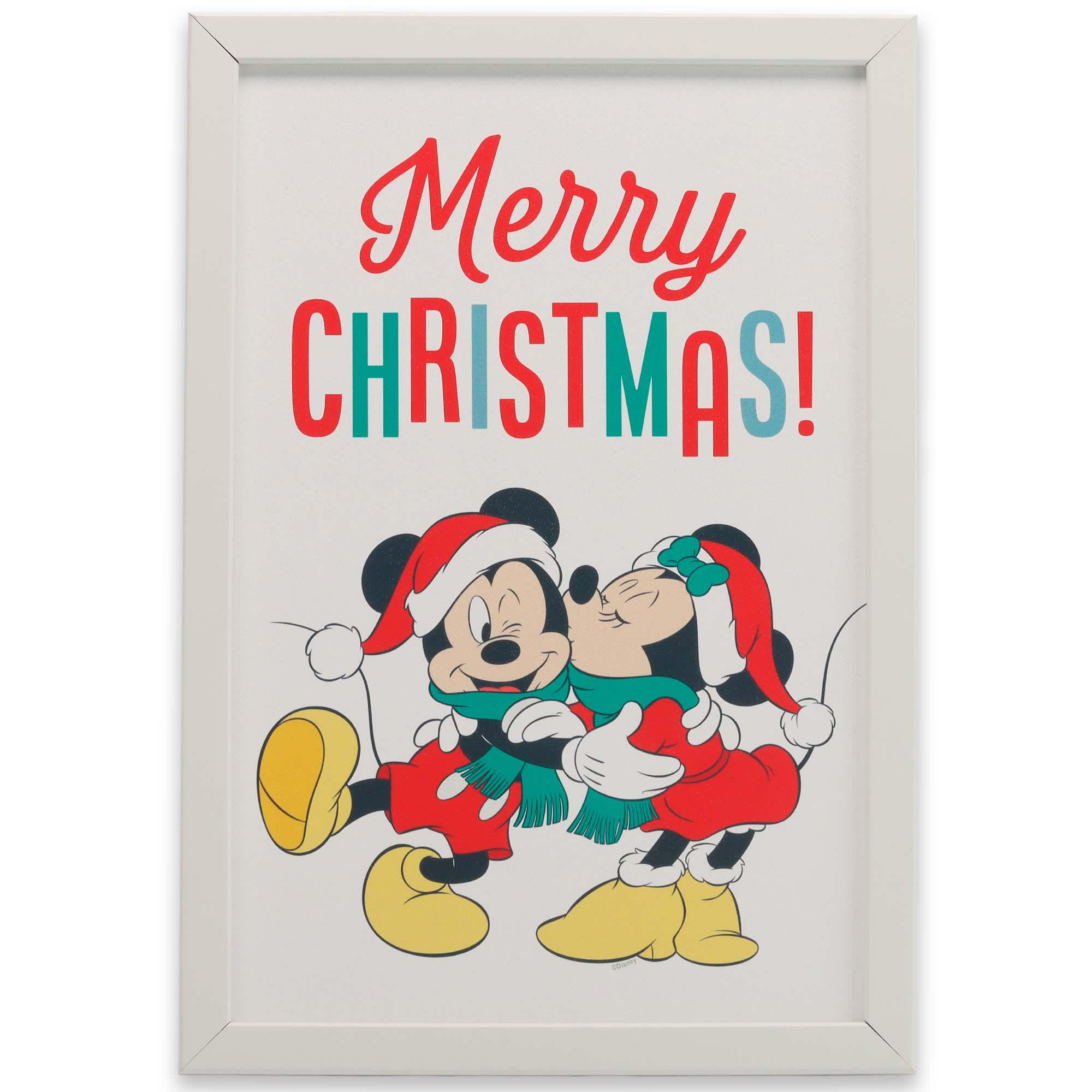 Disney Merry Christmas Mickey & Minnie Mouse Festive Smooch Framed Wood Wall Decor image