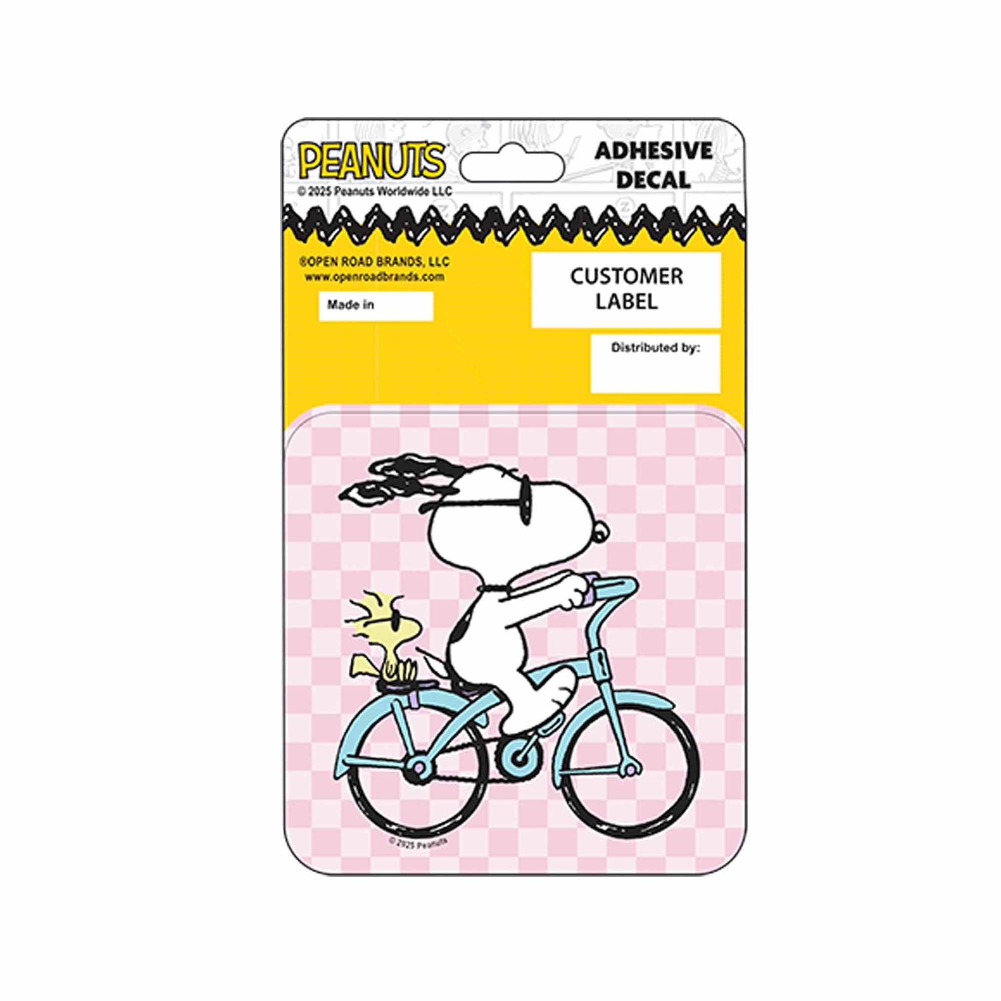 Snoopy on Blue Bike Pink Background Vinyl Decal for Cars Lockers and Laptops image