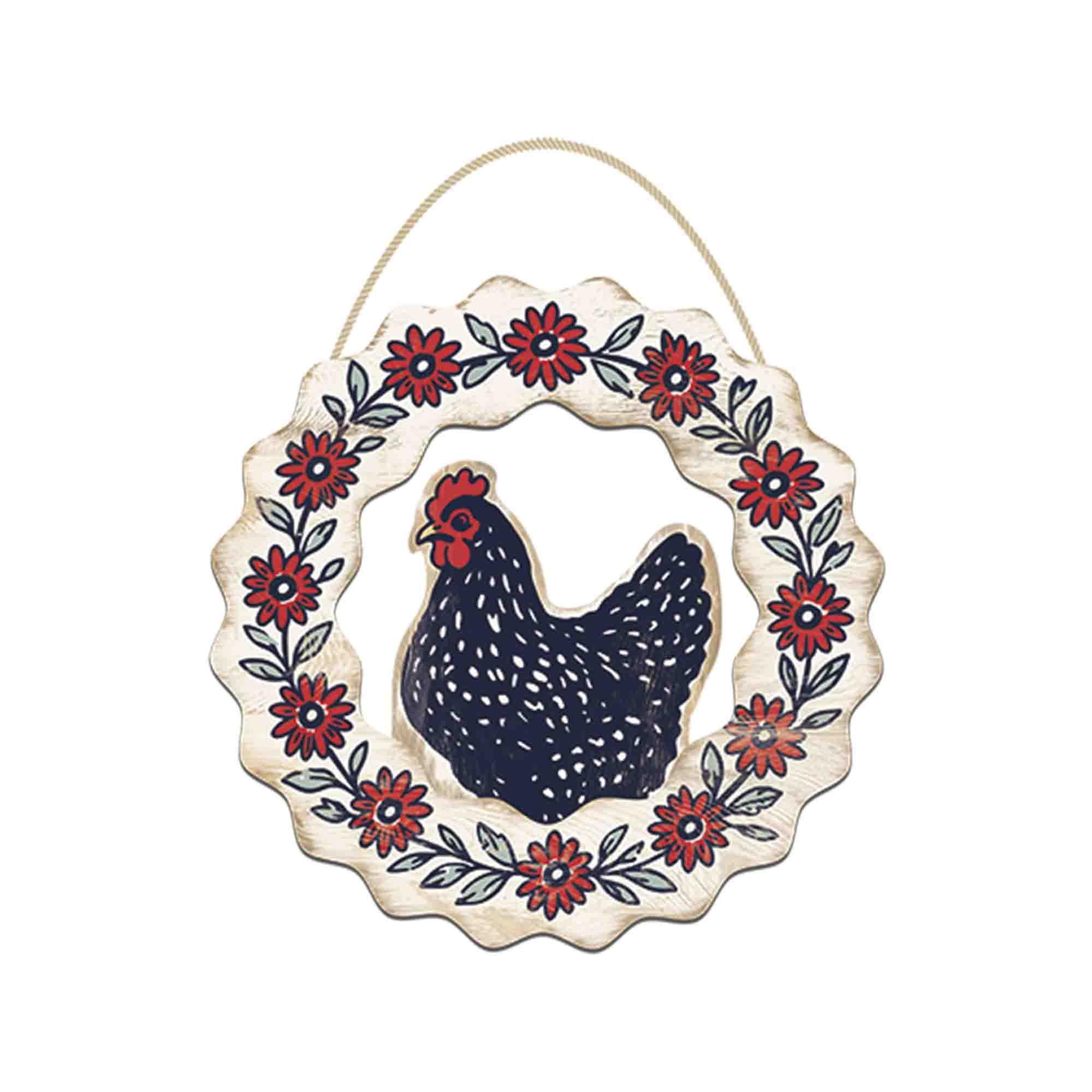 Chicken Flower Wreath Layered Hanging Wood Wall Sign - Rustic Farmhouse Chicken Décor image