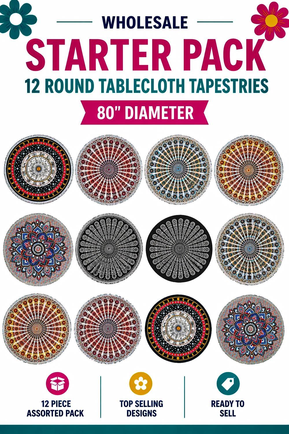 Wholesale Lot of 12 Assorted Round Tablecloth Tapestries 80" image