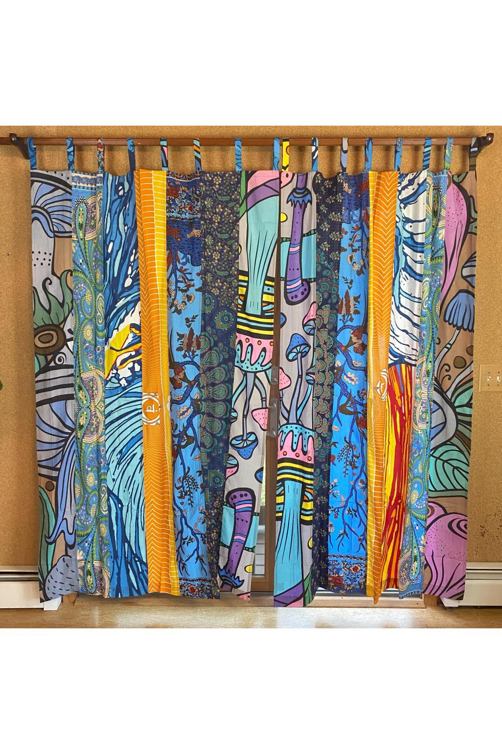 Silly Simon Mushroom Theme - Sunshine Joy Bohemian Patchwork Curtain - Handmade Cotton Tab Top Panel - Psychedelic Hippie Home Decor *SALE*