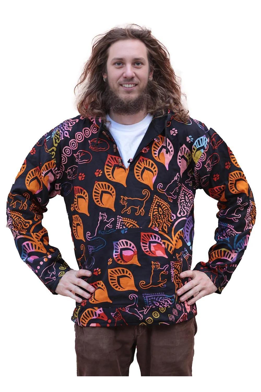 Reversible Fleece Lined Pullover Hoodie - Colorful Cats image