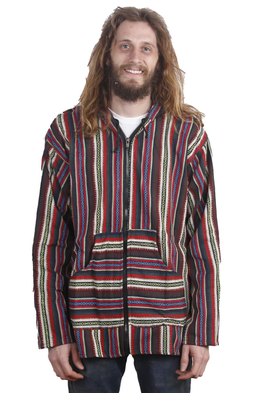 Woven Baja Style Hoodie Zip Up Multi Stripe LARGE ONLY image