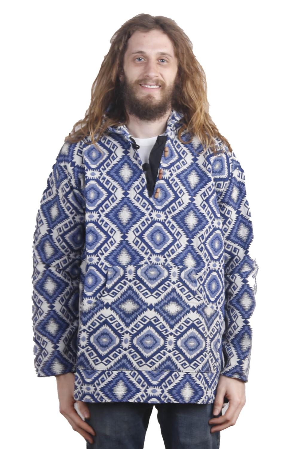 Woven Jacquard Pull Over Baja Style Hoodie Blue/White image