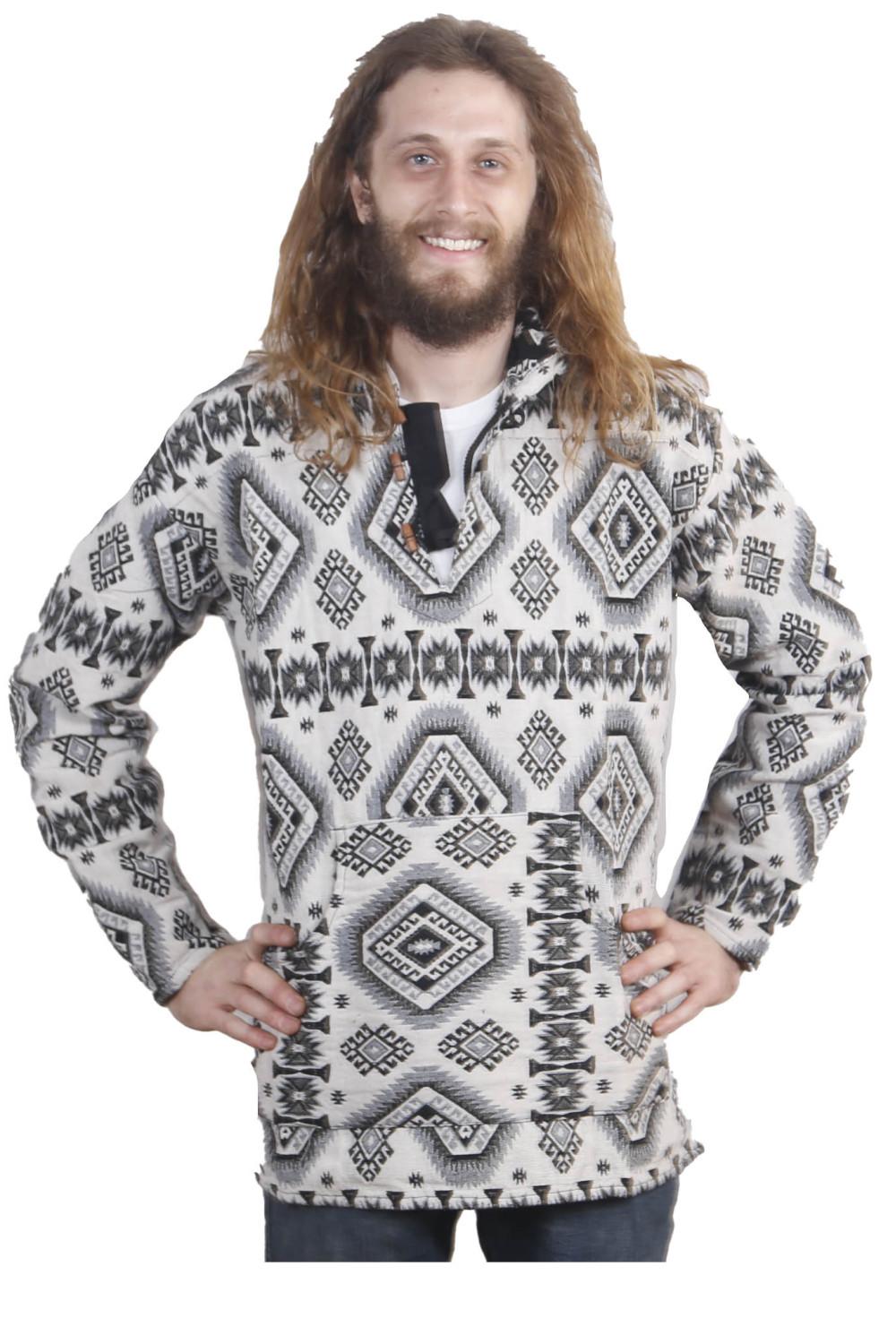 Woven Jacquard Pull Over Baja Style Hoodie Black/White *CLEARANCE* LG ONLY image