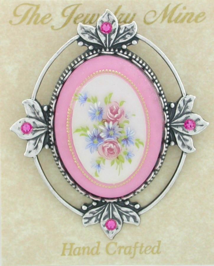 1928 Victorian Style 40x30 Pink Lalique Flowers Silver Brooch image