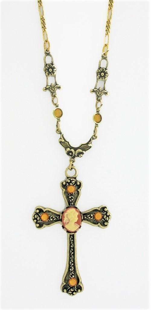 Victorian Style Cameo Cross Necklace - Corn/Topaz image