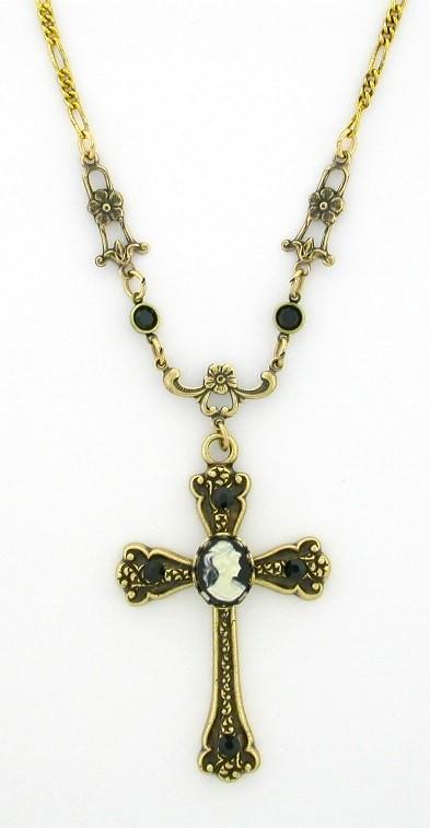 Victorian Style Cameo Cross Necklace - Jet image