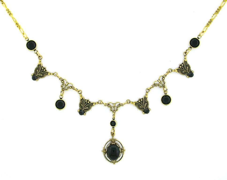 Victorian Style 10x8 Crystal Cabochon Y-Necklace - Jet