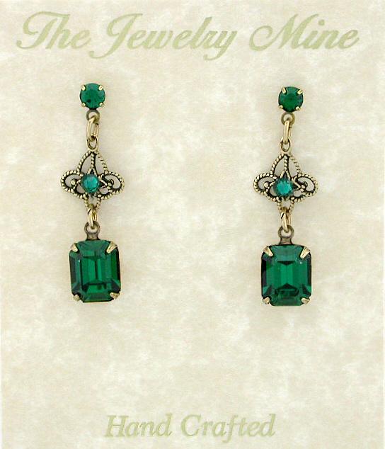 Victorian Style Filigree Crystal Drop Earrings - Emerald image