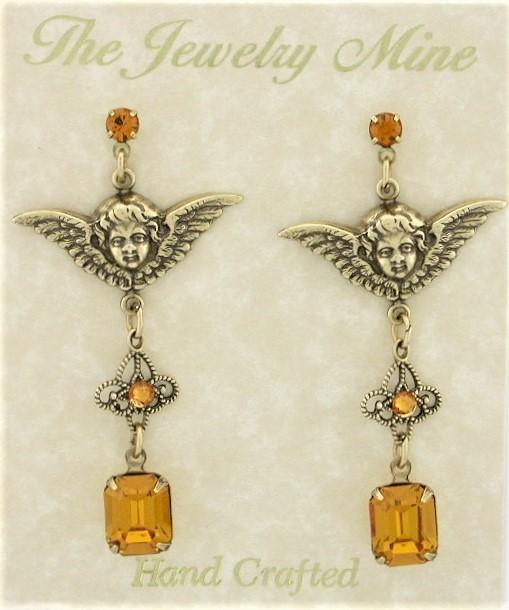 Victorian Style Angel Wings Crystal Filigree Drop Earrings image