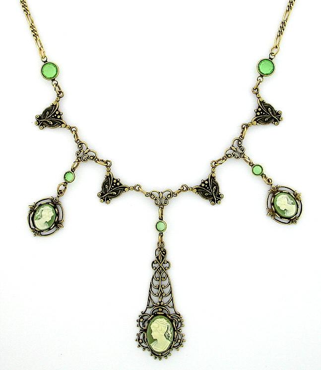 Victorian Style 14x10 Cameo Filigree Bib Necklace | Green image