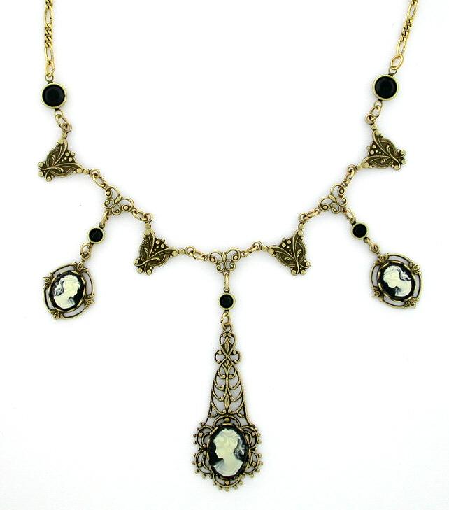 Victorian Style 14x10 Cameo Filigree Bib Necklace | Jet image