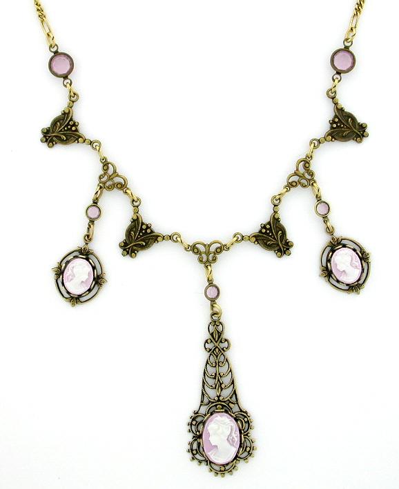 Victorian Style 14x10 Cameo Filigree Bib Necklace | Lilac image