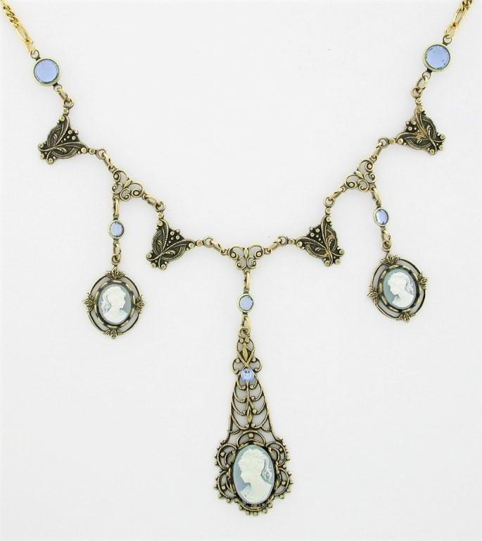 Victorian Style 14x10 Cameo Filigree Bib Necklace | Blue image