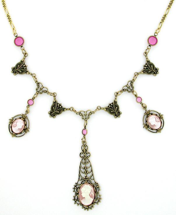 Victorian Style 14x10 Cameo Filigree Bib Necklace | Pink image
