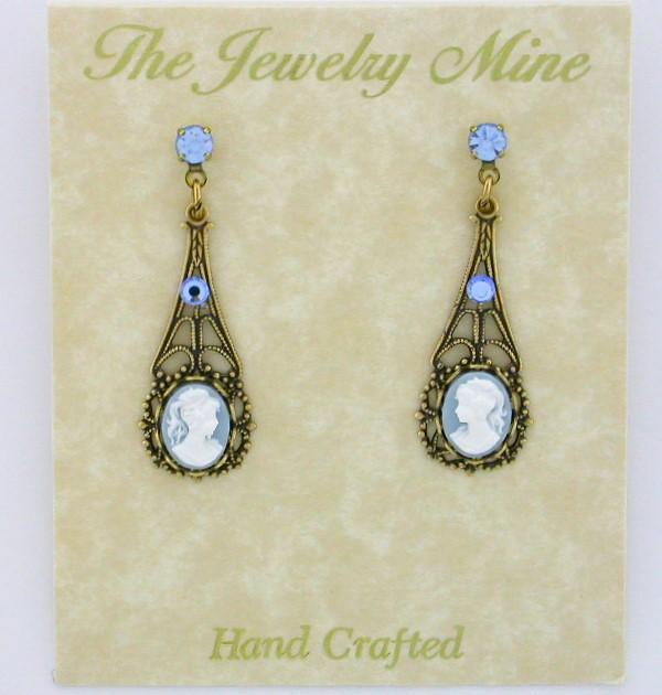 Victorian Style Filigree Cameo Earrings - Blue image