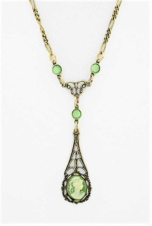 Victorian Style Filigree 10x8 Cameo Necklace - Green image