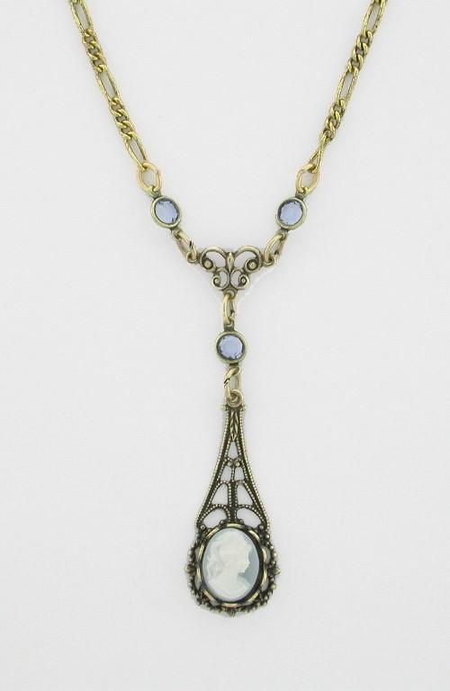 Victorian Style Filigree 10x8 Cameo Necklace - Blue image