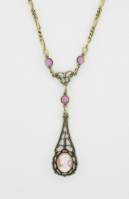 Victorian Style Filigree 10x8 Cameo Necklace - Pink image