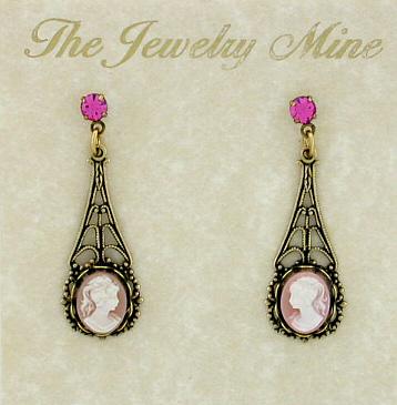 Victorian Style Filigree Cameo Earrings - Pink