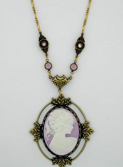 Victorian Style Crystal 40x30 Cameo Necklace - Lilac image