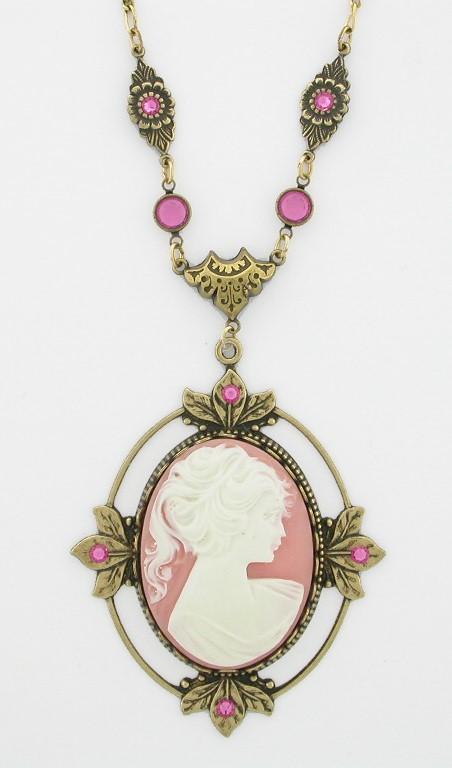 Victorian Style Crystal 40x30 Cameo Necklace - Pink image