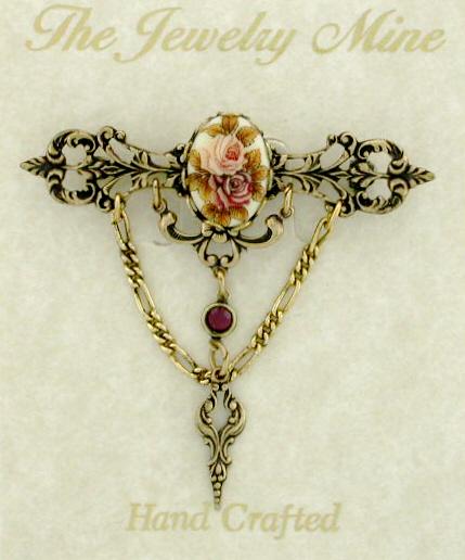1928 Victorian Style 14x10 Porcelain Flowers Filigree Bar Pin - 2 Roses