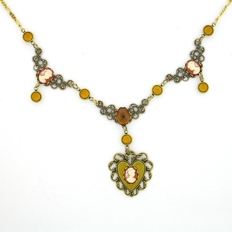 Victorian Filigree Cameo Bib Heart Necklace - Corn