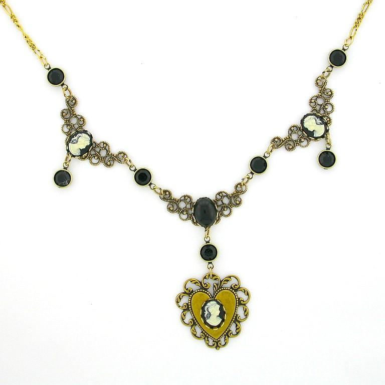 Victorian Filigree Cameo Bib Heart Necklace - Jet image