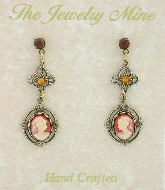 Victorian Style Filigree Cameo Drop Earrings - Corn image