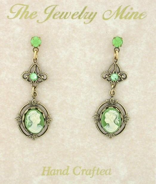 Victorian Style Filigree Cameo Drop Earrings - Green image