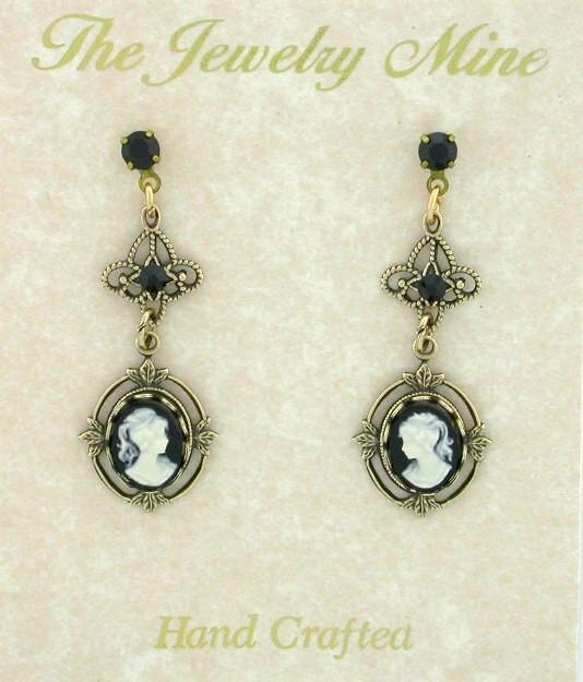 Victorian Style Filigree Cameo Drop Earrings - Jet image