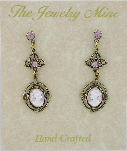 Victorian Style Filigree Cameo Drop Earrings - Lilac image