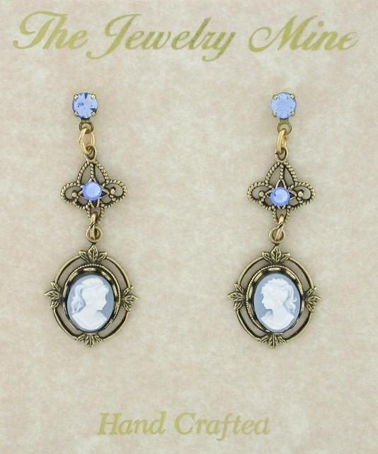Victorian Style Filigree Cameo Drop Earrings - Blue image