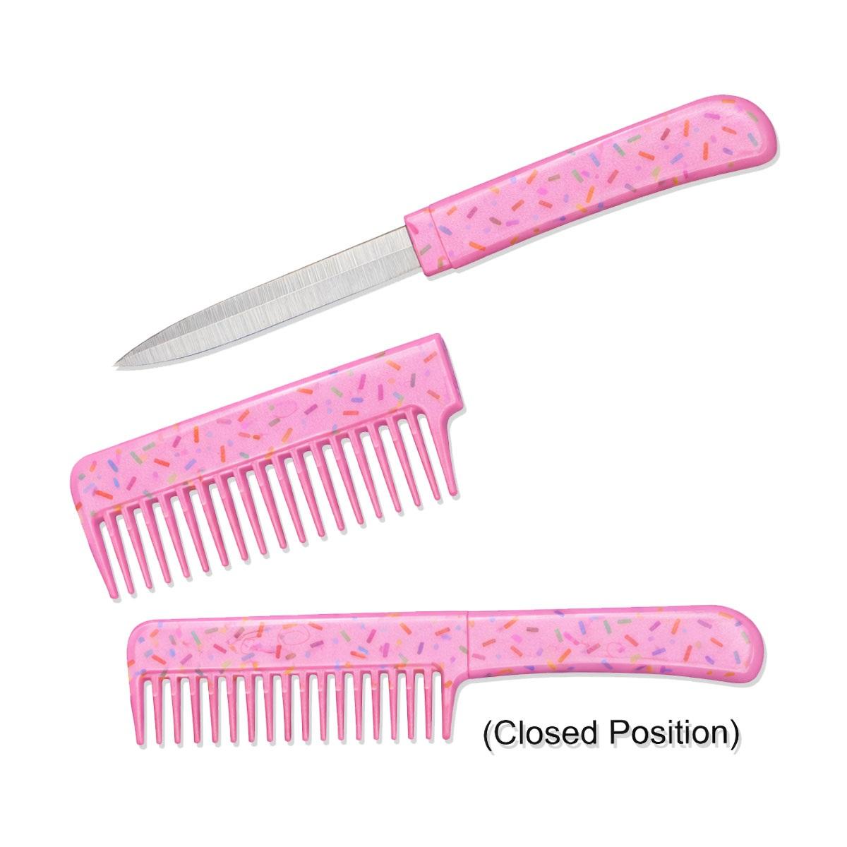 6.5" Self Defense Pink Sprinkles Brush Comb With Hidden Knife image