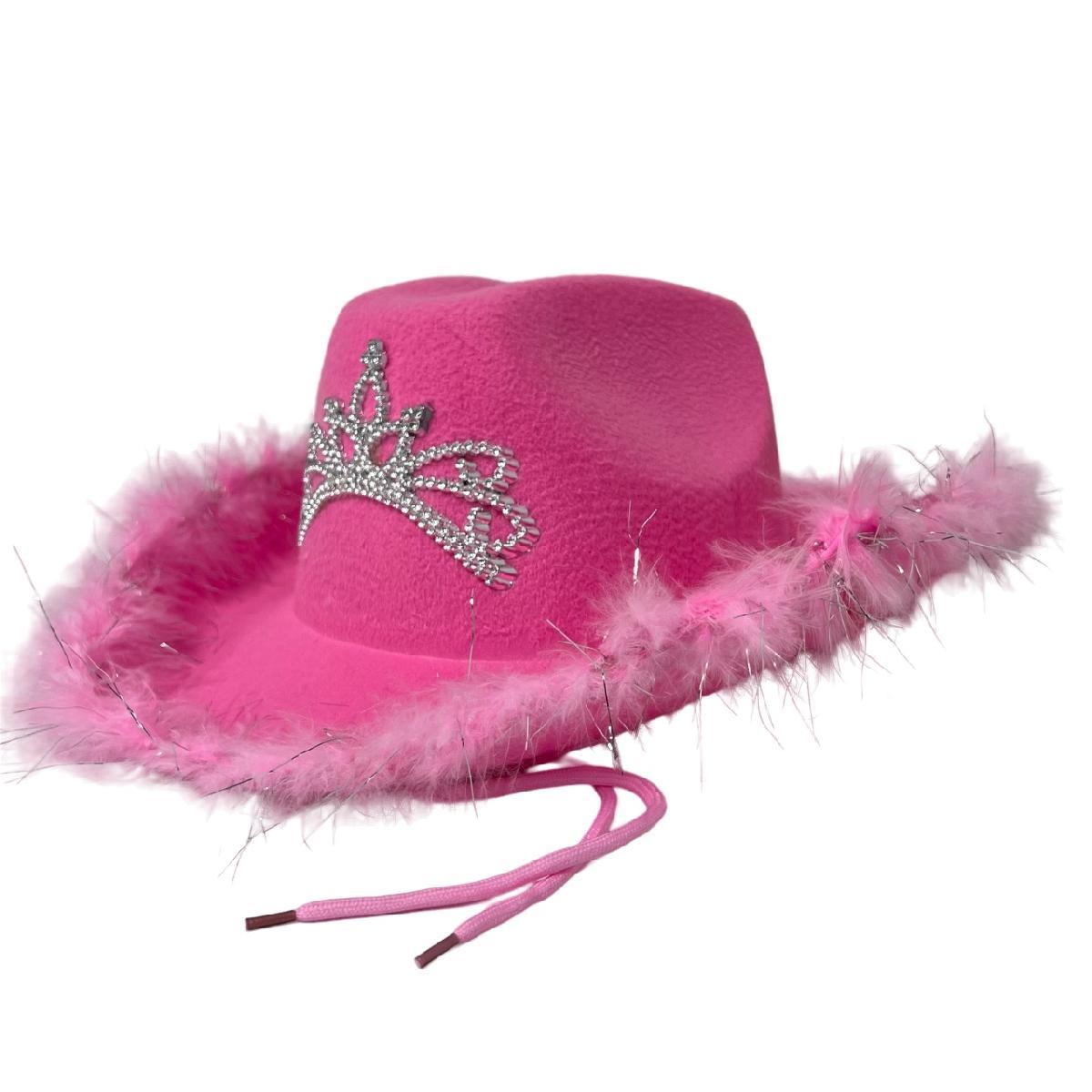 Ladies Felt Cowboy Hat with Tiara and Feather Edge-PINK ONLY image