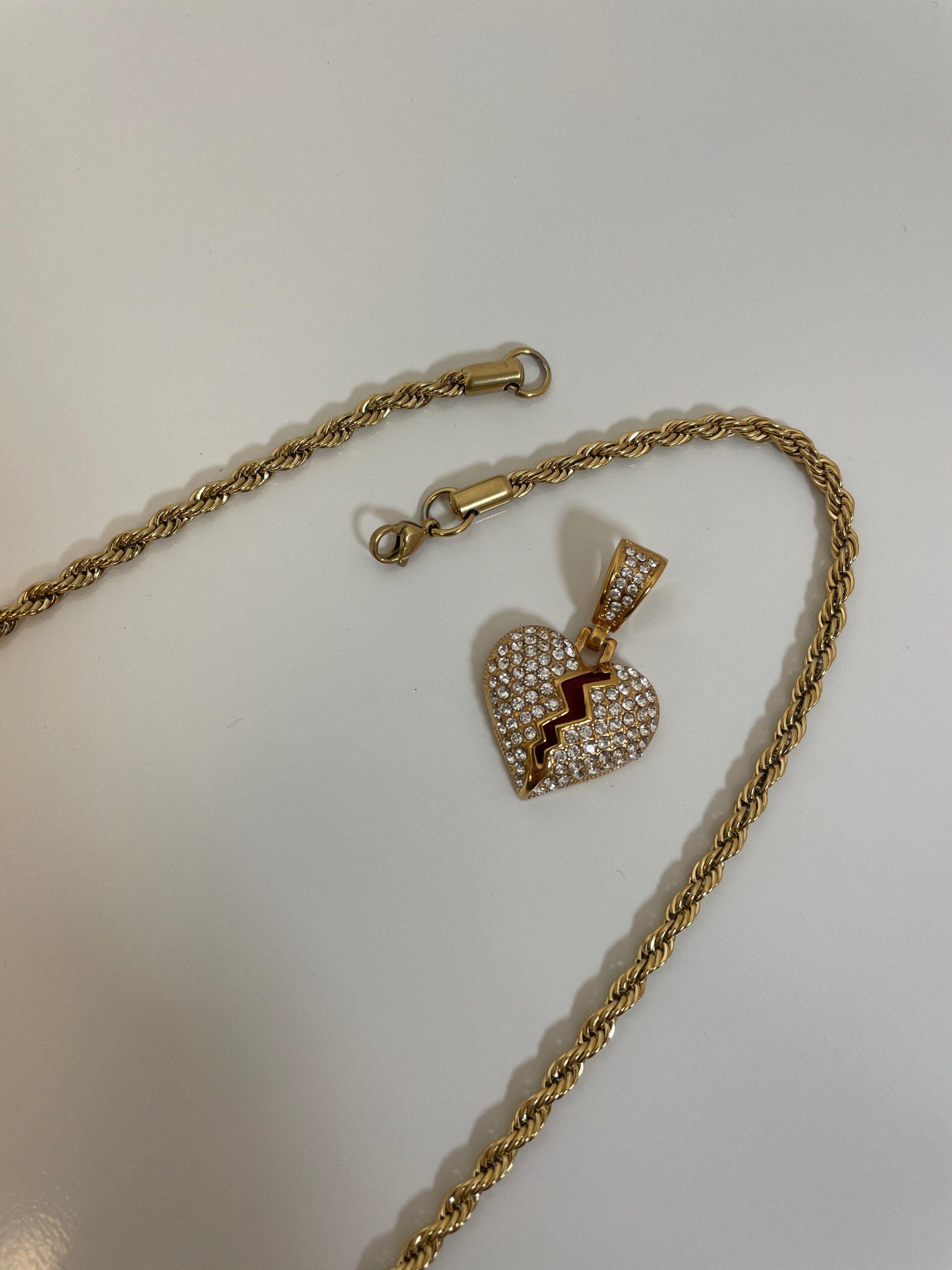 Red Broken Heart Pendant with 14K Gold Filled Rope Necklace 4mm 24" Chain Set image