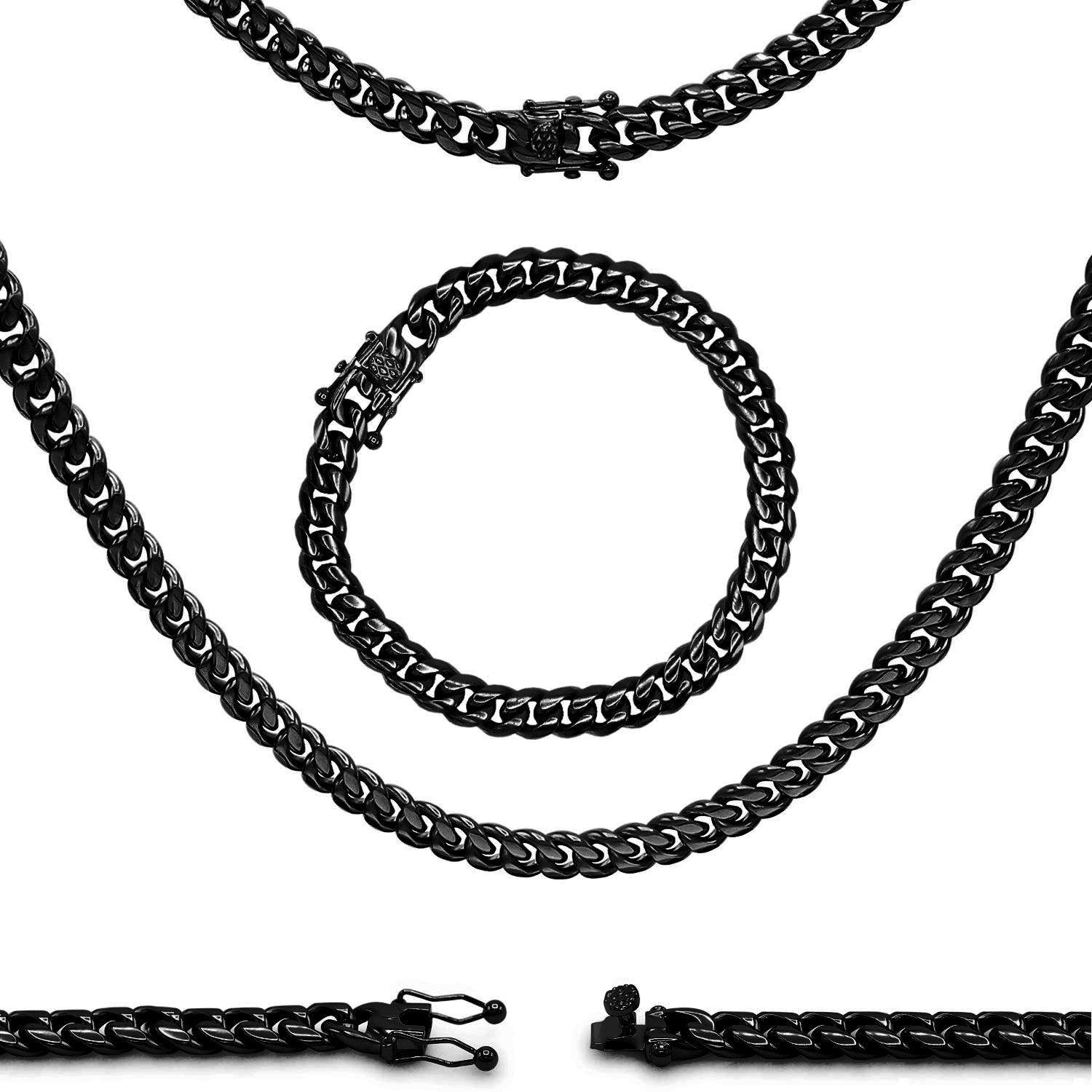Cuban Link Chain Black Plated Necklace 30" Bracelet 8.5" Stainless Steel Set Wholesale Men Jewelry